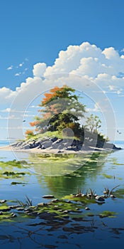 Island Tree: A Hyperrealistic Depiction Of Serenity And Calm