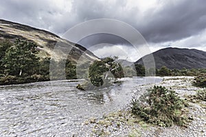 Island with tree in the middle of flowing stream.Scenic landscape of Lake District,Cumbria,Uk