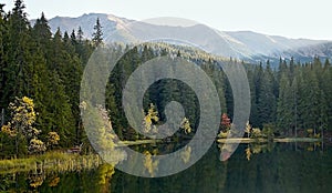 Island with trees in autumn colors with Low Tatras background. Vrbicke lake in Demanovska valley in Slovakia.