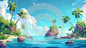 An island in a tropical ocean panoramic landscape with sea and palm trees under blue skies, a tranquil water surface