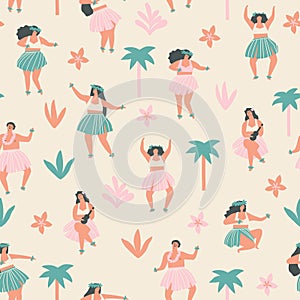 Island tropical seamless pattern with hawaiian people dancing and partying.