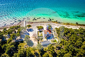 Island of Vir archipelago lighthouse and beach aerial panoramic view