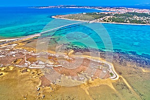 Island of Vir bridge and archipelago aerial panoramic view