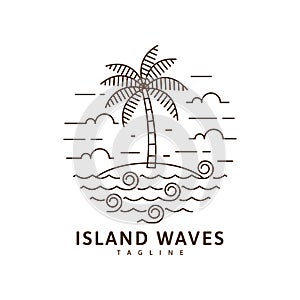 Island and wave illustration monoline or line art style