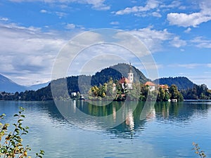 island with white church. Lake Bled. Slovenia