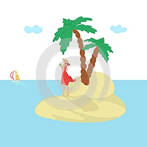 Island woman, vacation summer, sun, attractive sea vacation, holiday dedicate travel, design, cartoon style vector