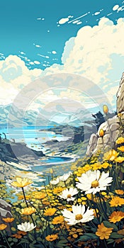 Vibrant Cartoonish Landscape With Flowers And Mountains photo