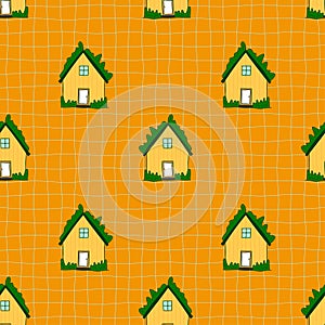 Islandia cute rustic houses simple seamless pattern. Bright green yellow nordic house with grass roof on grid backgroud. Little photo