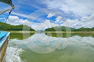 The Islands and mountains on reservior in dam. On the day of clouds and cloud reflection in the beautiful water of  KaengKrachan