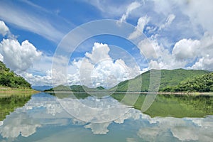 The Islands and mountains on reservior in dam. On the day of clouds and cloud reflection in the beautiful water o