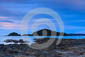 Islands in the sea at dusk. Bay of Islands, New Zealand