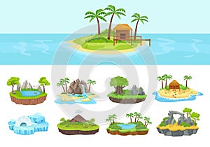 Islands set. Isometric tropical, arctic, island with green palm trees and grove, reeds, volcano, covered with ice with
