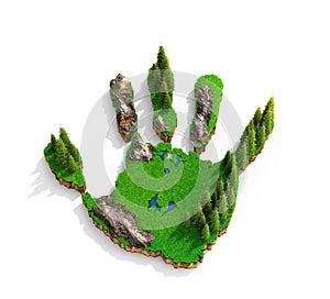 Islands in the shape of a hand. Concept concept of how human activity affects nature.