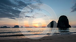 Islands sunset time lapse ocean sea at Railay Beach, Krabi Thailand nature landscape