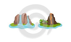 Islands with Waterfall and Volcano Surrounded by Water Vector Set