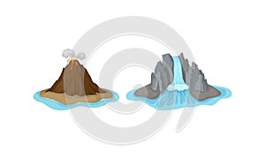 Islands with Waterfall and Volcano Surrounded by Water Vector Set