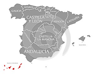 Islas Canarias red highlighted in map of Spain photo