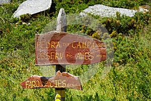 Islas Cies islands lighthouse Faro Cies sign in wood photo