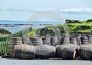 Islay, Scotland - Sseptember 11 2015: The sun shines on Ardbeg distillery warehouse