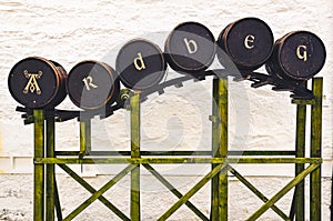 ISLAY, UNITED KINGDOM - 25 August 2013: Ardbeg distillery sign from whisky barrels, Islay, United Kingdom