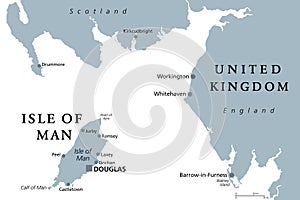 Isle of Man, island nation, British Crown Dependency, gray political map