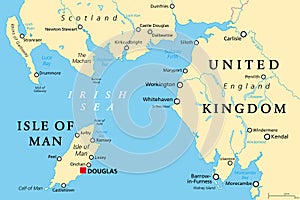 Isle of Man, island nation and British Crown Dependency, political map