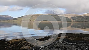 Isle of Mull Scotland UK beautiful Loch Scridain with view to Ben More and Glen More mountains pan