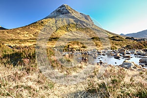 Isle of Skye, The Sligachan River and Marsco in winter scenery, Inner Hebrides, Highland, Scotland