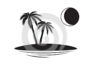 Islet, palm trees, moon, night. Silhouettes of palm trees on an islet. Black illustration isolated on white background