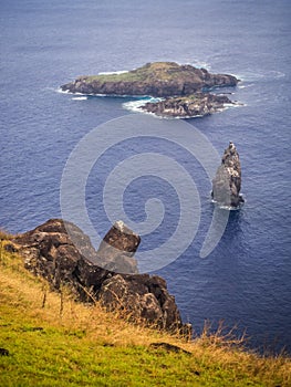 The islets or Motus from the Rano Kao volcano on Easter Island. Rapa Nui