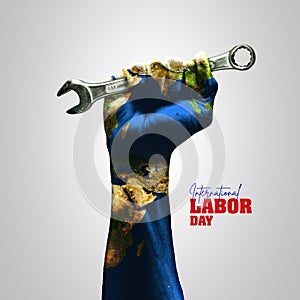 Islolated International Labor Day with labor hand and holding a working tools illustration art