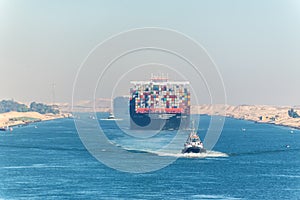 Large container vessel ship passing Suez Canal