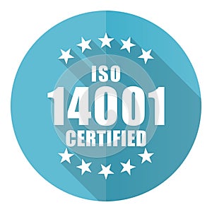 Iso 14001 vector icon, flat design blue round web button isolated on white background