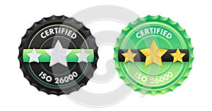 ISO 26000 standard certificate badge. Quality control. International Organization for Standardization. Vector