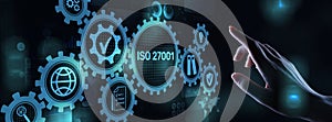 Iso 27001 Standard Standardisation Certification Customer guarantee and satisfaction Business concept on virtual screen.