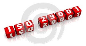 ISO 29001 text composed from red cubes