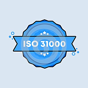 ISO 31000 badge. Vector. ISO 31000 standard certificate stamp icon. Certified badge logo. Stamp Template. Label, Sticker, Icons.