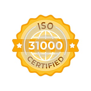 ISO 31000 Certified Emblem. A sophisticated, golden certification badge symbolizing adherence to the ISO 31000 risk