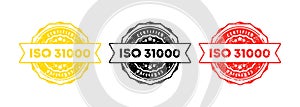 ISO 31000 stamp. Vector. ISO 31000 badge icon. Certified badge logo. Stamp Template. Label, Sticker, Icons. Vector EPS 10.