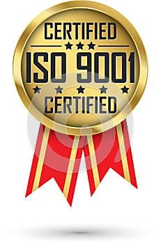 ISO 9001 certified gold label with red ribbon, vector illustration