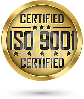 ISO 9001 certified gold label, vector illustration