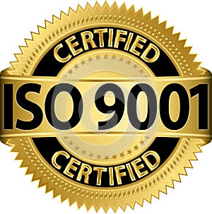 ISO 9001 certified golden label, vector