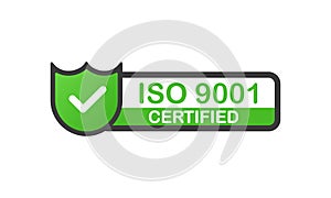 ISO 9001 certified green badge. Flat design stamp isolated on white background. Vector.