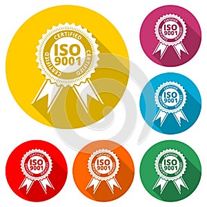 ISO 9001 certified sign icon, color icon with long shadow