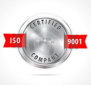 ISO 9001 certified, silver badge with red ribbon - vector eps10