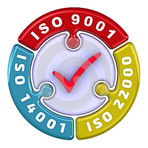 ISO 9001, ISO 14001, ISO 22000. The check mark in the form of a puzzle