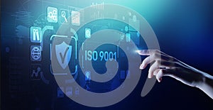 ISO 9001 Standards quality control business technology concept on virtual screen.