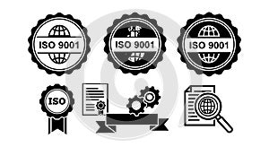 ISO 9001 certification badges quality management system icons vector illustration set