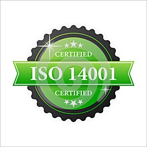 ISO certified 14001 green rubber stamp with green rubber on white background. Realistic object. Vector illustration.