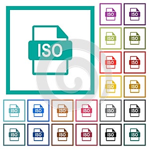ISO file format flat color icons with quadrant frames